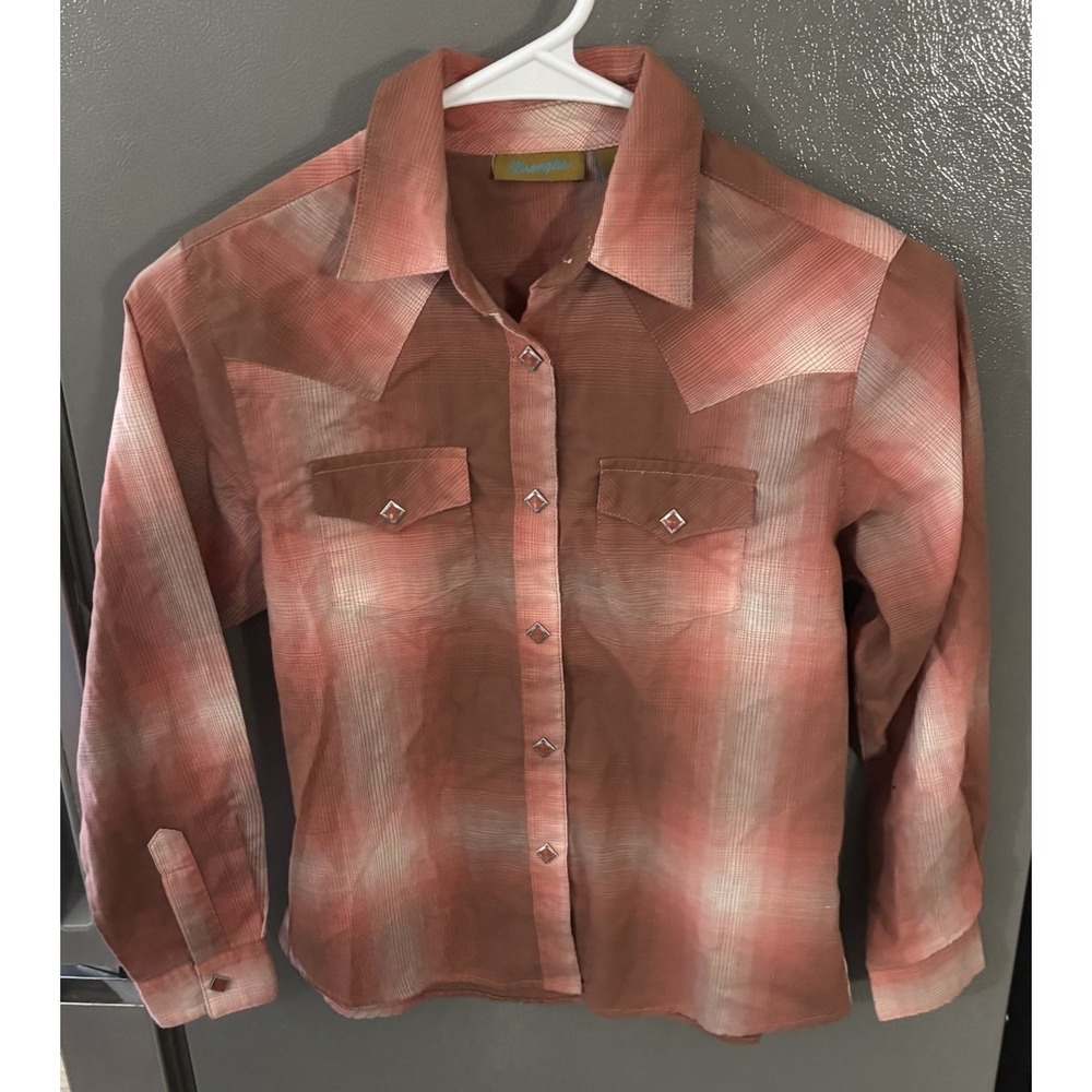 Wrangler Western Pearl Snap Button Shirt Youth Boys Large Orange Plaid Rodeo EUC